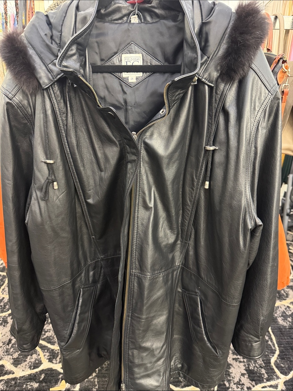 Women's Black Hooded Leather Jacket with Fur Trim